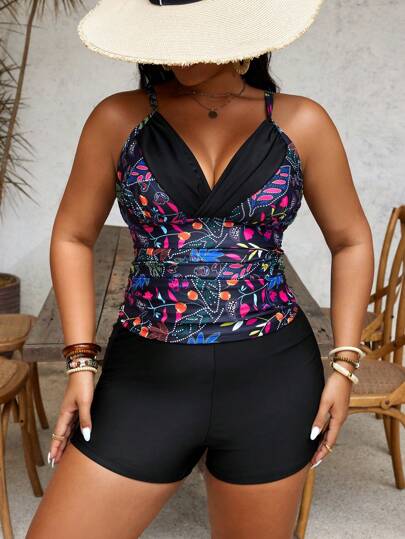 طقم تانكيني حريمي Swim Lushoire مجموعة ملابس سباحة للمرأة كبيرة الحجم، توب تانكيني بياقة على شكل حرف V عميق والخصر مطوي بطبعات النباتات، وبوكسر بخصر عالي، للتنزه والعطلات الشاطئية الكاجوال