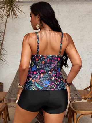 Swim Lushoire مجموعة ملابس سباحة للمرأة كبيرة الحجم، توب تانكيني بياقة على شكل حرف V عميق والخصر مطوي بطبعات النباتات، وبوكسر بخصر عالي، للتنزه والعطلات الشاطئية الكاجوال