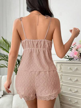 SHEIN طقم بيجامة سيدات من الدانتيل المتباين، سالوبيت وشورت