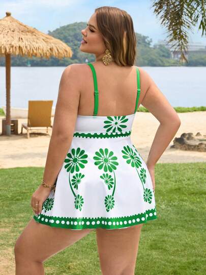 SHEIN CURVE+ بدلة سباحة مكونة من قطعتين للمرأة الحجم الكبير، ملابس علوية بانديو مطبوع بطبعات ملونة متعددة مع أشرطة قابلة للإزالة، وجزء سفلي مثلث عالي الخصر، مناسبة لحفلات الشاطئ الصيفية