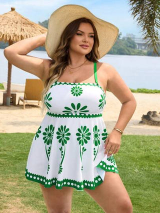 SHEIN CURVE+ بدلة سباحة مكونة من قطعتين للمرأة الحجم الكبير، ملابس علوية بانديو مطبوع بطبعات ملونة متعددة مع أشرطة قابلة للإزالة، وجزء سفلي مثلث عالي الخصر، مناسبة لحفلات الشاطئ الصيفية