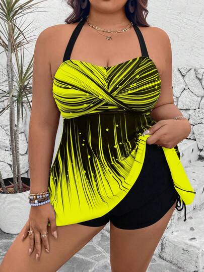 Swim Lushoire طقم مقاس كبير مكون من 2 قطعة: توب مطبوع، شورت عالي الخصر أحادي اللون، توب دشداشة مع تفاصيل متقاطعة أمامية، مريح وبأسلوب كاجوال لإطلالة بمظهر البكيني