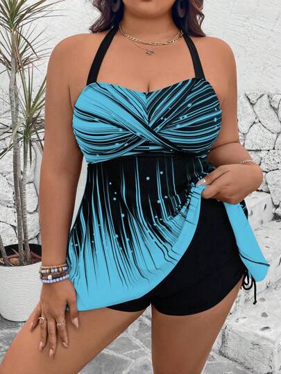 Swim Lushoire زي بمقاس كبير من قطعتين ، ملابس علوية مطبوعة وشورت ذو خصر مرتفع أحادي اللون، أسلوب كاجوال بفتحات حمالة رفيعة أمام متباعدة وشورت رباط