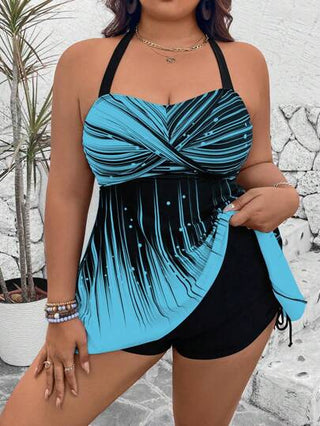 Swim Lushoire زي بمقاس كبير من قطعتين ، ملابس علوية مطبوعة وشورت ذو خصر مرتفع أحادي اللون، أسلوب كاجوال بفتحات حمالة رفيعة أمام متباعدة وشورت رباط