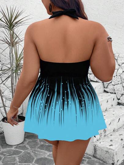 Swim Lushoire زي بمقاس كبير من قطعتين ، ملابس علوية مطبوعة وشورت ذو خصر مرتفع أحادي اللون، أسلوب كاجوال بفتحات حمالة رفيعة أمام متباعدة وشورت رباط