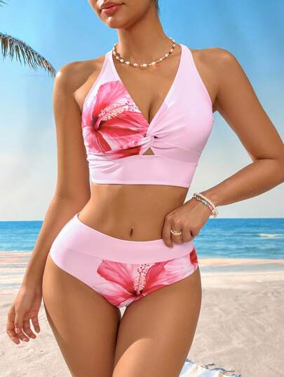 طقم تانكيني حريمي Swim Vcay مجموعة بكيني وتوب كامي مطبوع بطبعة زهور الهاواي للنساء ، ملابس لإطلالة العطلة الشاطئية