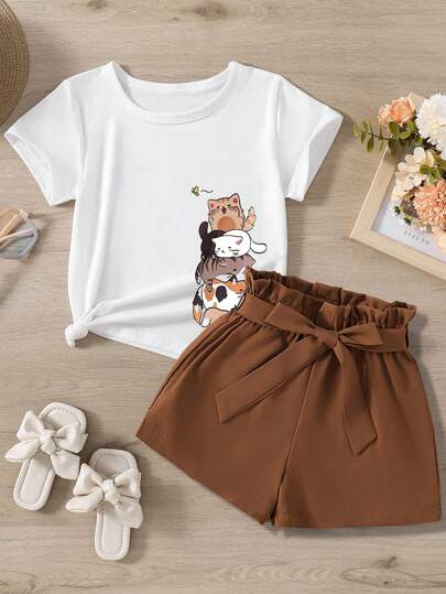 girls-sets تي شيرت قصير الأكمام بطبعة قطة مطبوع عليه لفتاة المراهقة، مع مجموعة من شورتات الخصر بحزام ورقي