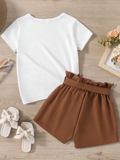 girls-sets تي شيرت قصير الأكمام بطبعة قطة مطبوع عليه لفتاة المراهقة، مع مجموعة من شورتات الخصر بحزام ورقي