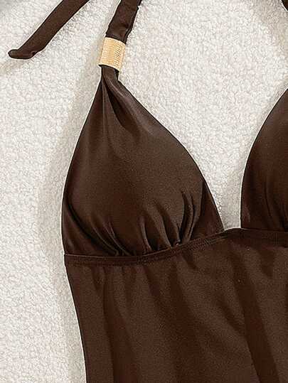 طقم تانكيني حريمي Swim Basics بدلة السيدات الأنيقة ذات الطراز الكلاسيكي للشاطئ المكونة من قطعتين: ملابس علوية تانكيني ذو فتحة الرقبة والظهر المفتوح وسليب شورت مزين بخاتم ذهبي