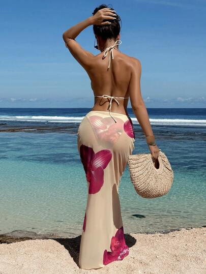 طقم تانكيني حريمي Swim SXY طقم بكيني بتصميم الأزهار مع رقبة حابك للنساء