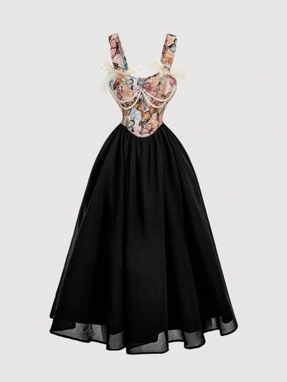 SHEIN MOD فستان بطراز القصر القديم والمرقع بنمط الفراشة والجاكارد، مزين بقوس وسلسلة لؤلؤ فخمة، بطانة داخلية، مناسب لمناسبات الخروج والأعياد والحفلات الشاي وأعياد الميلاد