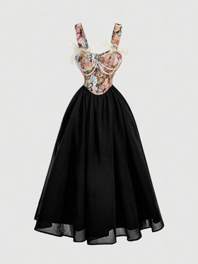 SHEIN MOD فستان بطراز القصر القديم والمرقع بنمط الفراشة والجاكارد، مزين بقوس وسلسلة لؤلؤ فخمة، بطانة داخلية، مناسب لمناسبات الخروج والأعياد والحفلات الشاي وأعياد الميلاد