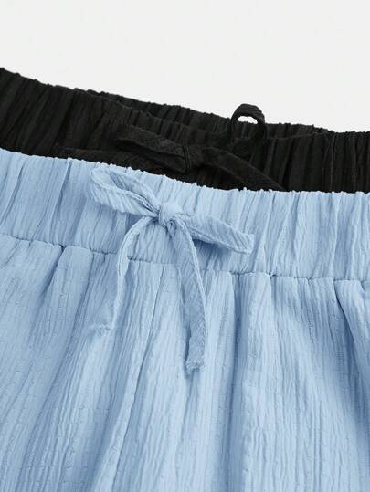 SHEIN مجموعة قطعتين للبنات المراهقات: بنطلون فضفاض ذو نسيج متشابك، وقميص مزين بعقدة الربطة، أسلوب عطلة عادي