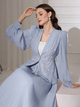 Modelyn مجموعة المرأة المكونة من 2 قطعة: ملابس علوية شيفون ذات رقبة على شكل V مزخرفة بالخرز مع أكمام منسدلة ، تنورة منسدلة ، للربيع/الصيف