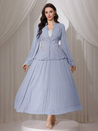 Modelyn مجموعة المرأة المكونة من 2 قطعة: ملابس علوية شيفون ذات رقبة على شكل V مزخرفة بالخرز مع أكمام منسدلة ، تنورة منسدلة ، للربيع/الصيف