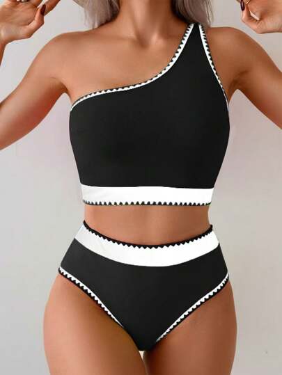 طقم تانكيني حريمي Swim Basics بيكيني ذو كتف واحد بتصميم ملابس السباحة عالية الخصر ذو ألوان متباينة 2 قطعة