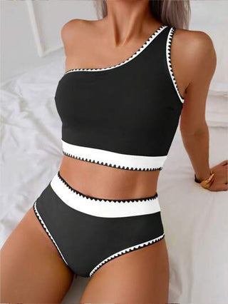 طقم تانكيني حريمي Swim Basics بيكيني ذو كتف واحد بتصميم ملابس السباحة عالية الخصر ذو ألوان متباينة 2 قطعة