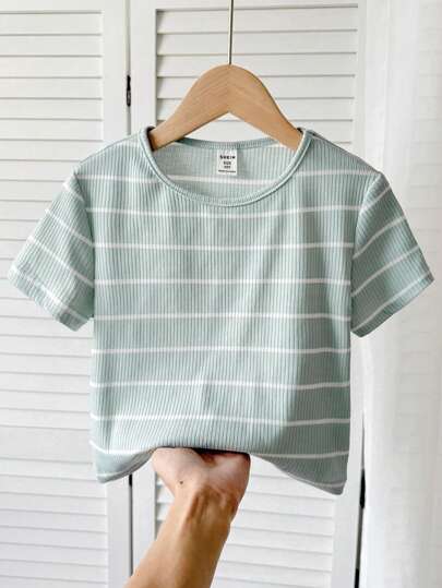SHEIN قميص مكشوف القلب من الأقمشة المحبوكة مخطط بنمط نوفا كاجوال مناسب للفتيات في مرحلة المراهقة