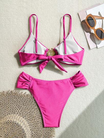 Swim Basics مجموعة بكيني مخرم وعالي القطع ذو حمالات سباغيتي مزخرف بزخارف معدنية خالٍ من المكونات الحيوانية، ملابس سباحة نسائية للصيف
