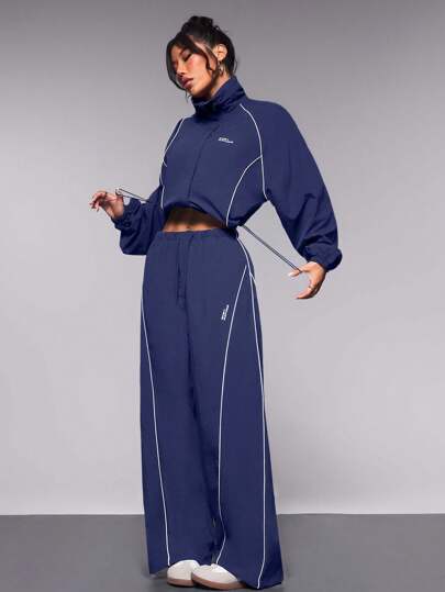 Streetz SHEIN Sport بذلة رياضية نسائية تتكون من ملابس علوية بياقة مرتفعة وأكمام طويلة وبنطال، مع تريم متباين اللون
