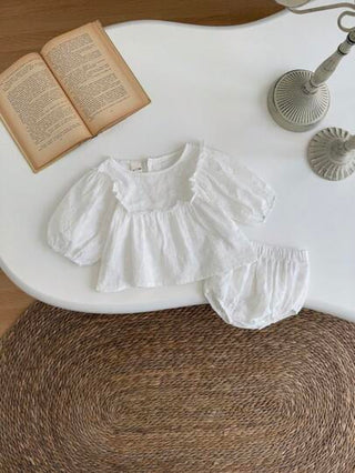 فساتين بيبي مجموعة فستان وشورت بناتي رضيع 2 قطعة، فستان مع كم متنفخ به زهور جوفاء، لموسم الصيف