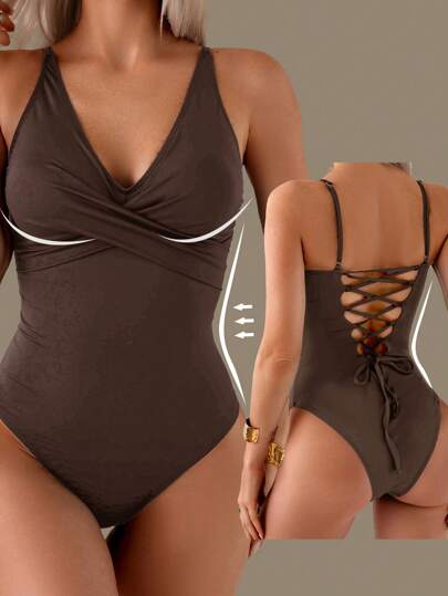 مايوه حريمي قطعة واحدة Swim Lushoire بذلة سباحة قطعة واحدة للنساء مزوّدة بتحكم البطن ورفع الصدر مع ربطة الخصر، رقبة على شكل حرف V وظهر مفتوح، مناسبة للشاطئ والعطلات، باللون البني