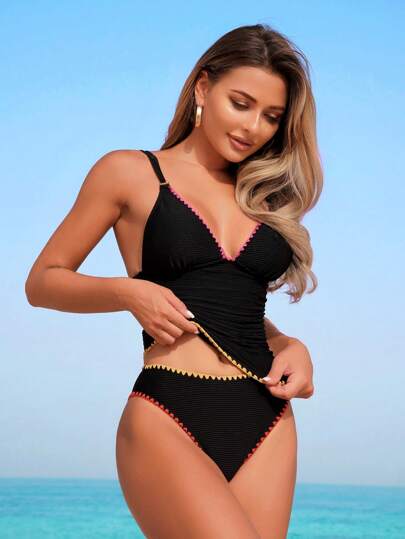 طقم تانكيني حريمي Swim Lushoire بكيني بحري بتصميم الخيوط والحواف المُزَينة بالكروشيه بالألوان المتعددة، ملابس سباحة للنساء