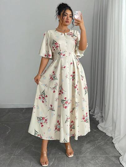 Modelyn العيد فستان مطبوع بزهور مع ياقة أنيقة مزرر للمقاسات الكبيرة