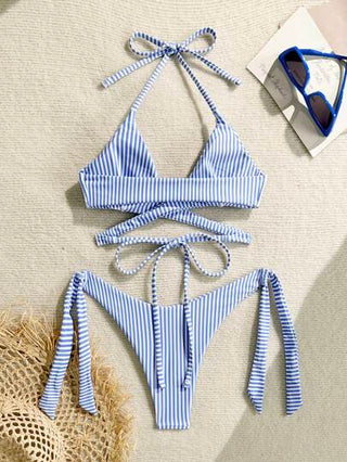 Swim SXY مجموعة من قطعتين، بكيني نسائي صيفي مثير بأربطة منقوشة بشريطات تصميم مشبك من الأعلى وسكتور الخصر