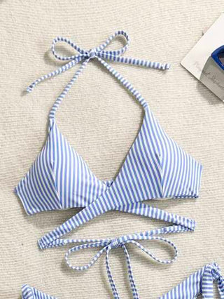 Swim SXY مجموعة من قطعتين، بكيني نسائي صيفي مثير بأربطة منقوشة بشريطات تصميم مشبك من الأعلى وسكتور الخصر