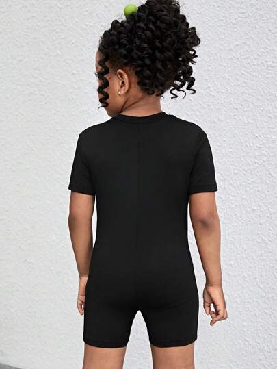 SHEIN TaviRue جمبسوت عادية اللون مصنوعة من الأكريليك للفتيات الصغيرات، ذات اصطناع نصف، ياقة عالية وضيقة في التصميم، ملابس رياضية كاجوال