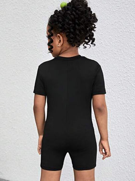 SHEIN TaviRue جمبسوت عادية اللون مصنوعة من الأكريليك للفتيات الصغيرات، ذات اصطناع نصف، ياقة عالية وضيقة في التصميم، ملابس رياضية كاجوال