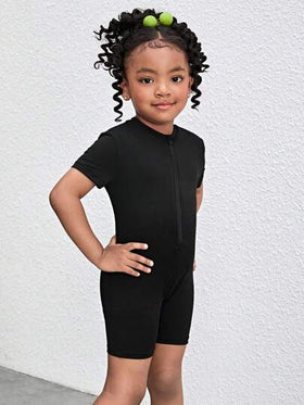 SHEIN TaviRue جمبسوت عادية اللون مصنوعة من الأكريليك للفتيات الصغيرات، ذات اصطناع نصف، ياقة عالية وضيقة في التصميم، ملابس رياضية كاجوال
