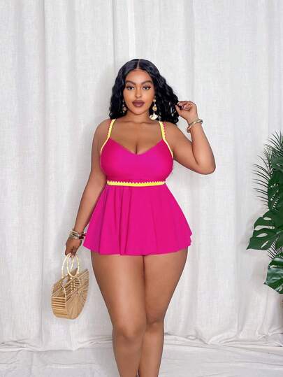 Slaydiva ملابس علوية حمالات جذابة مقاسات كبيرة طقم بمقاس إضافي للنساء بطبقات وفتحة أمامية متقاطعة، مكونة من قطعتين لبدلة السباحة