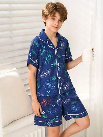 مجموعة ملابس علوية وشورت رياضي 2 قطعة مزينة بطبعة يد التحكم للأولاد المراهقين