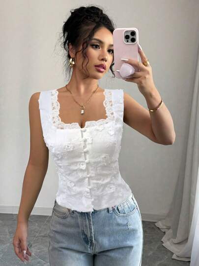 Selianne كارديجان فاشن موضة أنيقة للنساء بأكمام بلا أكمام، قميص بلوزة صلبة اللون بتطريز وقصات من الدانتيل عند الخصر بحبل ربط الخلف (نقشة زهور عشوائية)