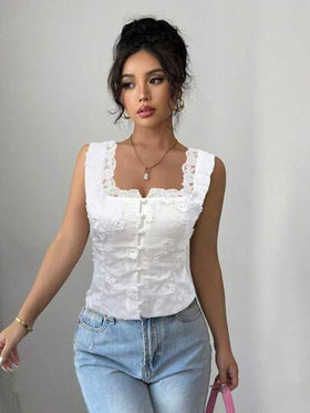 Selianne كارديجان فاشن موضة أنيقة للنساء بأكمام بلا أكمام، قميص بلوزة صلبة اللون بتطريز وقصات من الدانتيل عند الخصر بحبل ربط الخلف (نقشة زهور عشوائية)