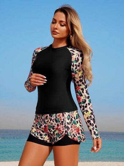 طقم تانكيني حريمي Swim Lushoire مجموعة من 2 قطعة للمرأة، ملابس علوية بدون أكمام للربيع/الصيف وشورت مطبوع بأشكال عشوائية ،بيكيني أنيق