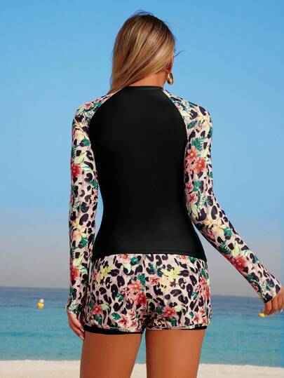 طقم تانكيني حريمي Swim Lushoire مجموعة من 2 قطعة للمرأة، ملابس علوية بدون أكمام للربيع/الصيف وشورت مطبوع بأشكال عشوائية ،بيكيني أنيق