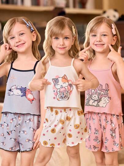 SHEIN 3 طقم بناتي كاميسول كرتوني وشورت بيجاما