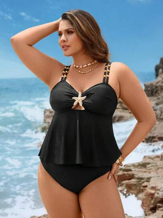 طقم تانكيني حريمي Swim Lushoire بدلة سباحة تانكيني ذات حمالات قابلة للتعديل باللون الأسود الداكن للمرأة متزايدة الحجم، إطلالة مقاسات كبيرة تخسيس مريحة للارتداء في المنتجعات والشواطئ