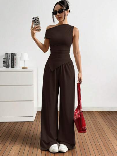 EZwear 2 قطعة/مجموعة نساء موحد اللون أكمام قطن للكتف مكشوفة وبناطيل طويلة مجموعة بلياقة عالية، للصيف