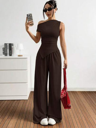 EZwear 2 قطعة/مجموعة نساء موحد اللون أكمام قطن للكتف مكشوفة وبناطيل طويلة مجموعة بلياقة عالية، للصيف