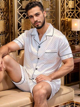 2 مجموعة للرجال بيجامة كاجوال بنقاط، ملابس علوية بأكمام قصيرة وشورت، طقم بيجامة حرير أبيض، صيف وربيع