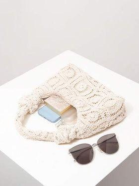 حقيبة يد محبوكة مفرغة بطريقة الكروشيه اليدوية ، طقم كروشيه ، حقيبة قش بوهيمية للشاطئ ، ضروريات السفر ، ملابس عطلة النساء (نمط عشوائي)