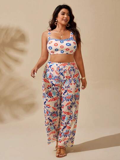Swim Lushoire طقم للمرأة البدينة 3 قطع: ملابس علوية خصر مطبوعة بأوراق مع فيونكة، سروال قصير مطبوع عالي الخصر، وبنطال سيمي شفاف مطبوع بأوراق، ملابس سباحة، ملابس رياضية كاجوال عصرية، مجموعة بكيني مُصممة بأناقة