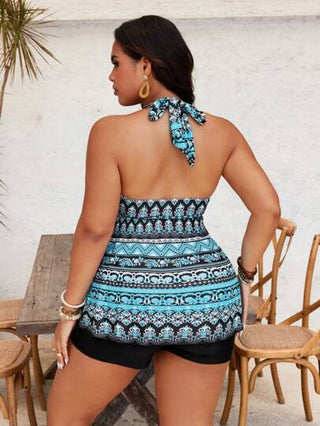Swim Lushoire مجموعة بلوزة فضفاضة برقبة على شكل حرف V وشورت ذو خصر عالي مطبوع بطباعة جرافيك محلية المقاس الكبير للنساء، مثير وأنيق لارتداء على الشاطئ والعطلات