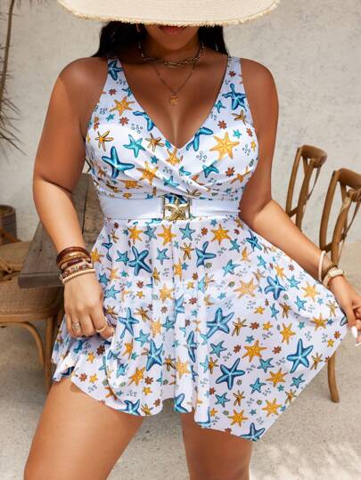 SHEIN Swim Curve بزي سباحة كبير الحجم بطراز بكولة وخصر وترصيعات نجمة البحر للمرأة