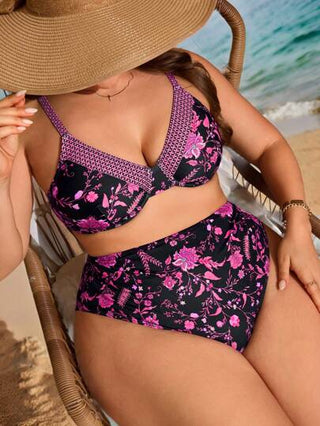 Swim Lushoire بيكيني بخصر عالي مزخرف بطبعة زهرية للمرأة البدينة، موديل موضة بسيطة