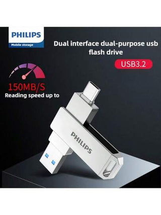 PHILIPS محرك فلاش USB 3.2 نوع C ذو واجهتين سعة تخزين كبيرة وسرعة عالية لاستخدام عام في الهواتف والكمبيوتر